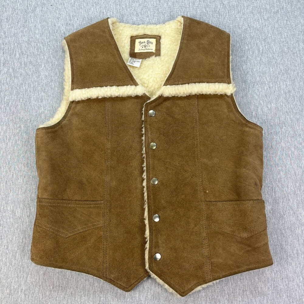 Vintage Trail Boss Western Vest Mens M Brown Cowhide Leather Sherpa 70s 80s